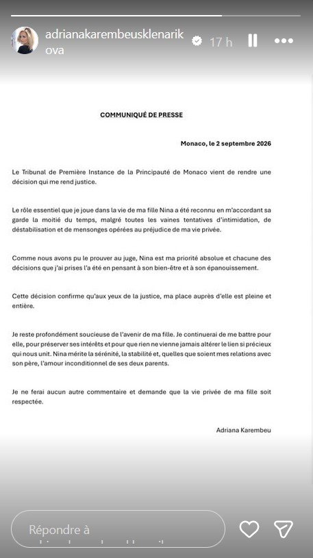 Adriana Karembeu communiqué garde fille Nina