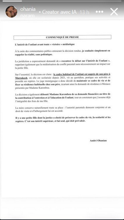 André Ohanian garde fille Nina communiqué
